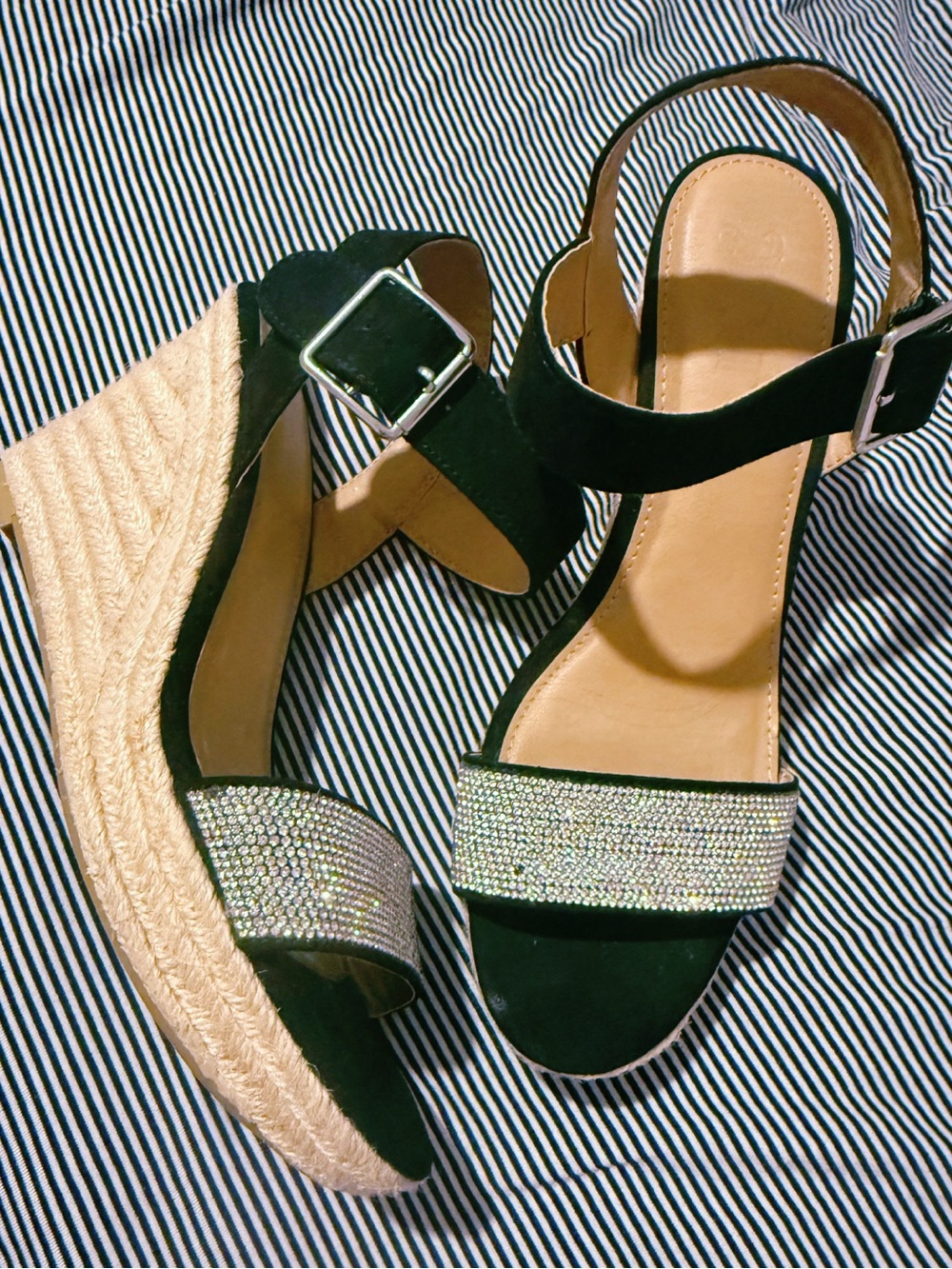 Brash Black Rhinestone Espadrille Wedge Sandals with Buckle Ankle Strap